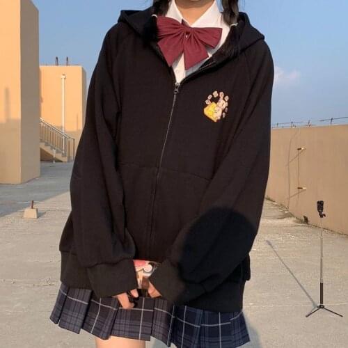 Deeptown Korean Style Women Hoodies Winter Fashion Kawaii Sweatshirt Long Sleeve Tops Cartoon Print Plus Velvet Zip Up Hoodies