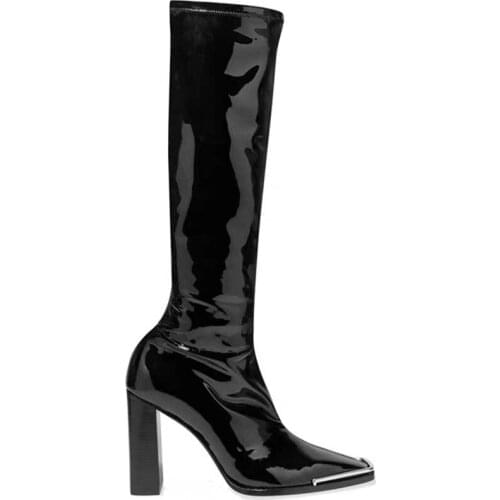 Metal Square Toe Knee High Women Long Boots Chunky High Heels Pumps Women Shoes Patent leather Ladies Thigh High Knight Boots