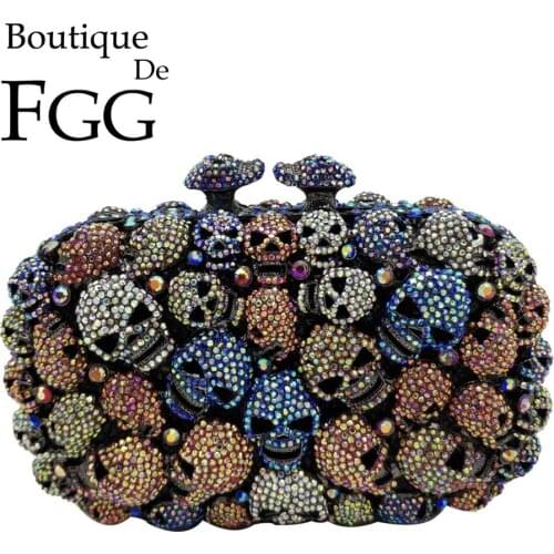 Boutique De FGG Multicolored Halloween Skull Women Formal Evening Bags and Clutches Metal Minaudiere Wedding Pary Clutch Purse