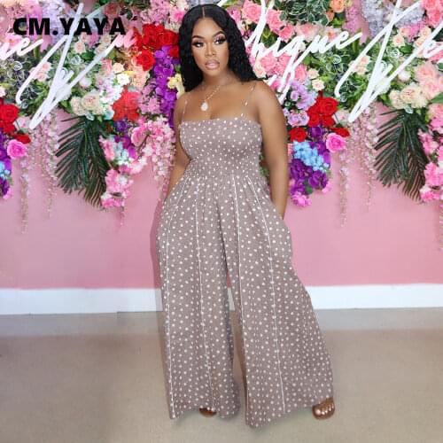 CM.YAYA Women Jumpsuit Dot Pritn Strap Slash Neck Elastic Waist Loose Wide Leg Jumpsuits Fashion One Piece Overalls Summer 2021