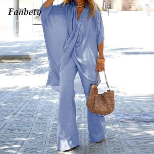 Women Long Shirt Two Piece Sets Batwing Sleeve Loose Outfits Ladies Casual Fashion Scarf Collar Pullover+Solid Flare Pants Suits