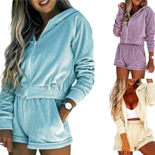 Women’s 2 Piece Fall Outfits, Long Sleeve Solid Color Zip Up Hoodie + Wide Leg Shorts Set