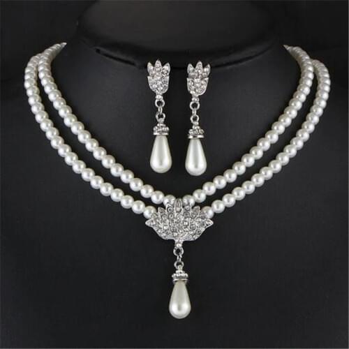 2019 Imitation pearls Bridal Jewelry sets for Women Silver Plated Rhinestone Necklace earring Sets Wedding Jewelry
