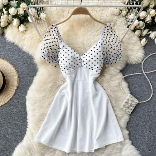 Scheming perspective polka dot net yarn puff sleeve dress summer new nightclub womens 2021 new trendy short skirt