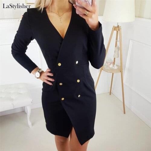 LaStylisher Fashion Office Ladies Dresses Suit Women Blazer Dress Double Breasted Button Front Military Style Long Sleeve Dress
