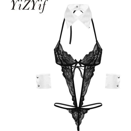 Women See Through Sheer Lace Erotic Lingerie Set Nightwear Sexy Bodysuit Leotard With Collar And Wrist Cuffs Erotic Costumes