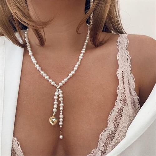 Bohemian Long Heart Pendant Pearl Necklace for Women Vintage Cross Different Sizes Pearl Wedding Necklaces Jewelry