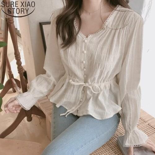 2021 Women White Long Sleeve Blouse Korean Style Vintage Womens Tops and Blouses Cardigan Tops Clothes Shirts Autumn Blusas 9590
