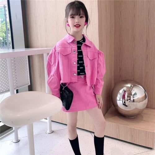 Girls Denim Jacket and Skirt 2Pcs Set Teen Girl Jean Clothes Set Cotton Kid Denim Jacket+Skirt 2PCS Kids Denim Outfits