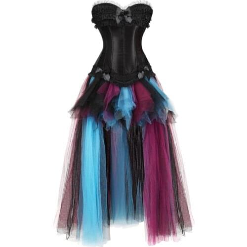 Gothic Corset Skirt Steampunk Lace Trim Bustiers with Long Tulle Tutu Zip Masquerade Party Dresses Basque Korsage Sexy Plus Size