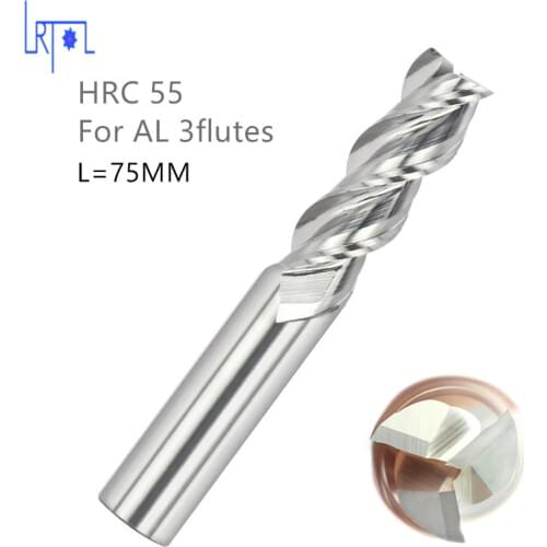 Hrc55 3Flutes 10 12 *75mm flat square end mill for Aluminum Spiral Bit Milling Tools Carbide CNC End mill