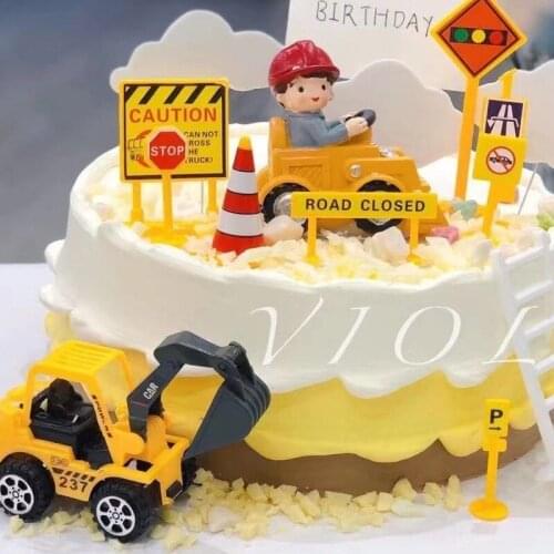 Engineering Construction Vehicle Decoration Traffic Sign Star Cake Topper for Boys Birthday Party Baking Supplies Gifts