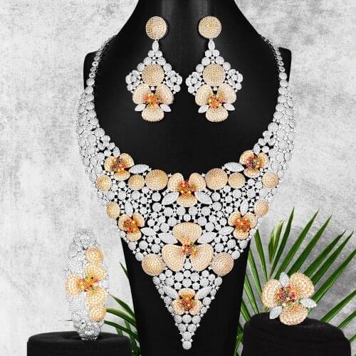 Kellybola 4PCS Gorgeous Flowers Jewelry Sets For Women Wedding African Indian Cubic Zirconia Dubai Bridal Jewelry Accessories