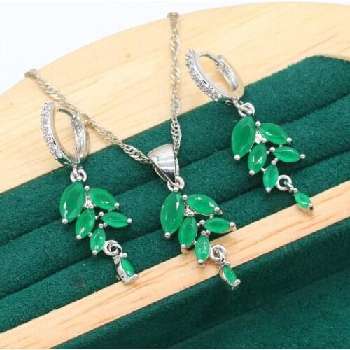 Classic Leaf Shaped Green Zircon Silver Color Jewelry Set for Women Wedding Earrings Necklace Pendant Christmas Gift