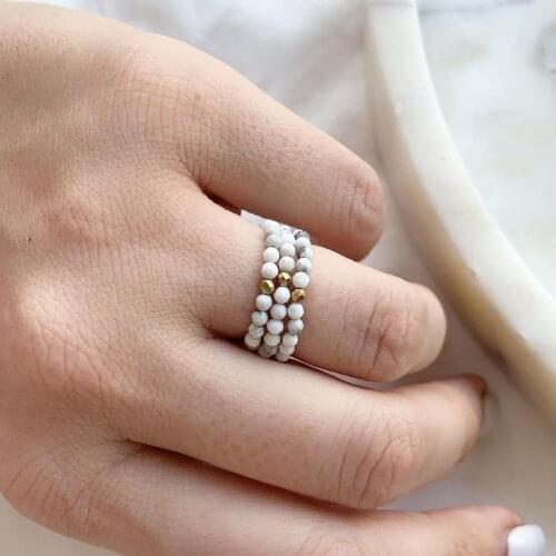 Bohemian Natural Stone White Turquois Rings Women with Stainless Steel Bead Multi Color Stretch Rope Party Gifts Ring Adjustable