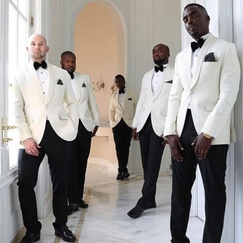 Handsome Ivory Slim Fit Mens Suits Shawl Lapel Wedding Tuxedos For Men Cheap Two Piece Prom Blazers (Jacket+Pants+)