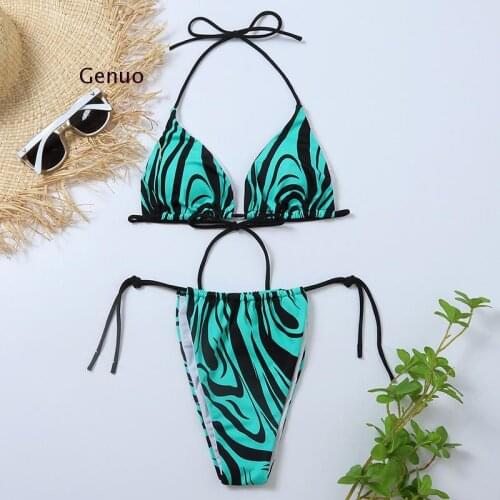 String Bandage Bathing Suit Woman Swimsuit Female Animal Print 3 Pieces Bikini Set 2021 Sexy Neon Pink Swimwear Women Biquini