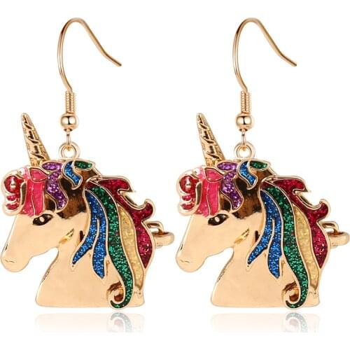 Cute Unicorn Dangle Drop Earrings for Women Girls Fashion Jewelry Gold Color Animal Horse Ear Studs Party Accessories BFF