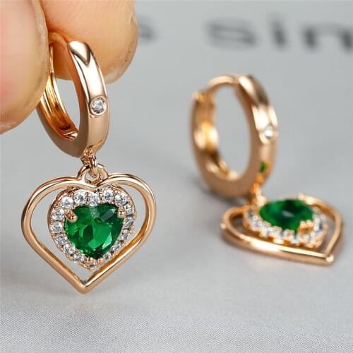 Cute Female Green Crystal Hoop Earrings Dainty Gold Color Wedding Earrings Trendy Love Heart Zircon Stone Earrings For Women