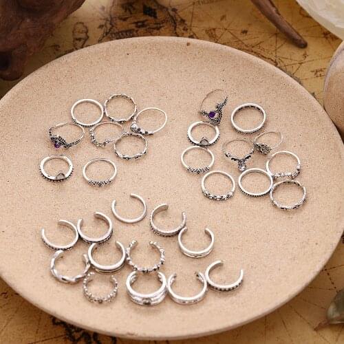 Bohemian Series Vintage Rings Sets Geometric Clear Crystal Middle Ages Opening Rings Gift for Women Jewelry Accessories