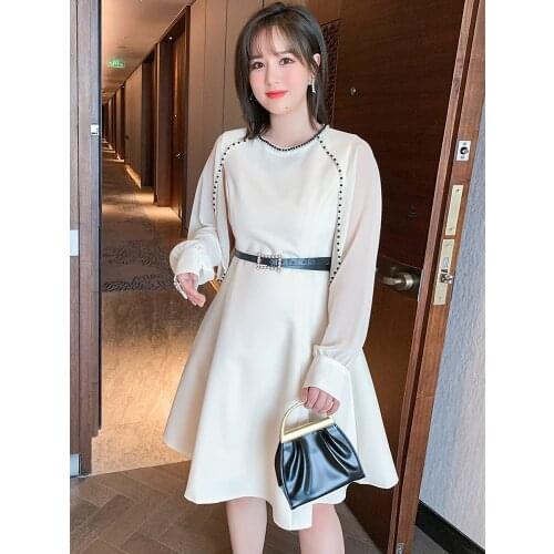 Pin bead stitching perspective yarn shawl sleeve close waist high waist A Dress girl 2021 spring new High Quality