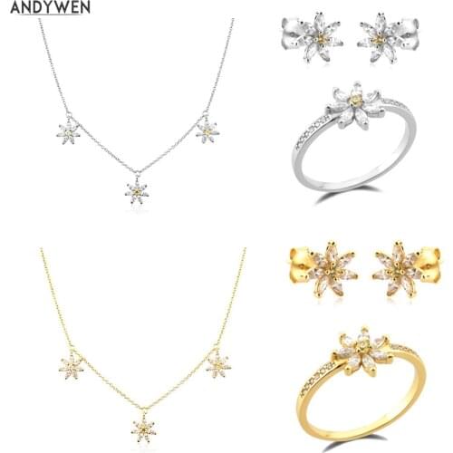 ANDYWEN 925 Sterling Silver Gold Chrysanthemum Flower Charm Stud Earring Rings Choker Necklace Jewelry Set 2021 Women Fine Jewe