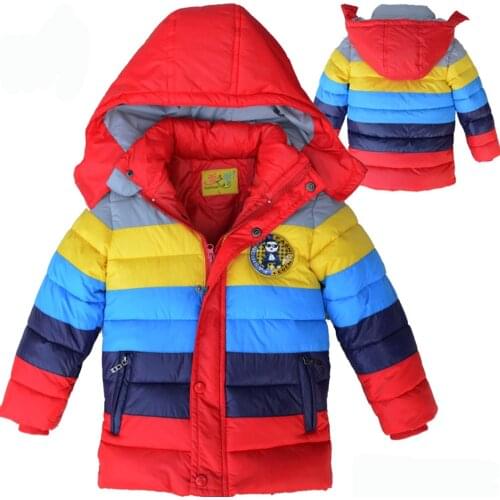 CNJiaYun Winter Boys Jacket Multicolour Striped Heavy Thick Keeping Warm Children Coat Removable Hooded Outwear Kids Clothing