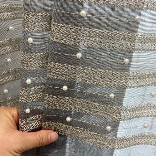 Pearl Sheer Curtains for Bedroom Embroidered Stripe Floral Beads Luxurious Botanical Geometric Bay Window Drapes