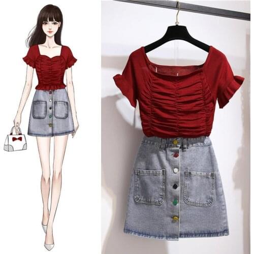 Women 2021 Summer Fashion Ruched Short Sleeve Tshirts + Jeans Skirt 2pcs Sets Female Casual Denim Skirts Two Piece Suits R170