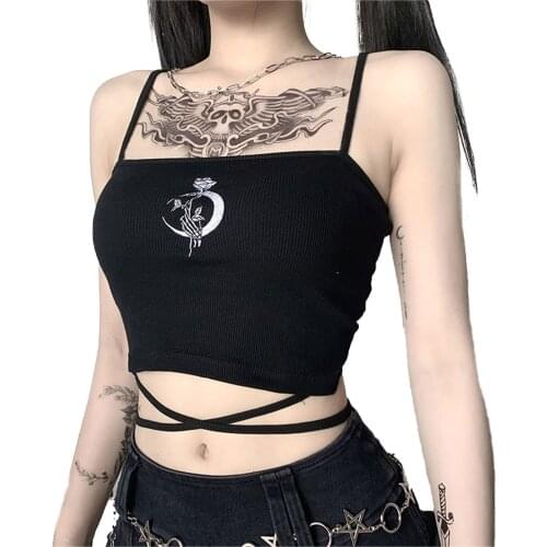 IMCUTE Gothic Womens Print Suspender Sleeveless Square Neck Slim Crop Top Sexy Halter Bottoming Shirt 2021 Girls Party Wear /F