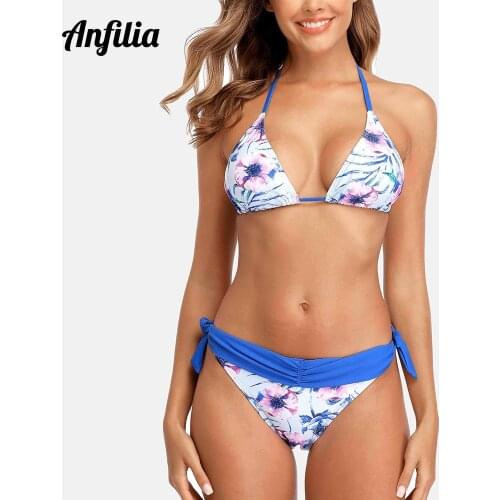 Anfilia Women Bikini Set Floral Print Swimsuit Side Bandage Swimwear Halter Sexy Push Up Beachwear
