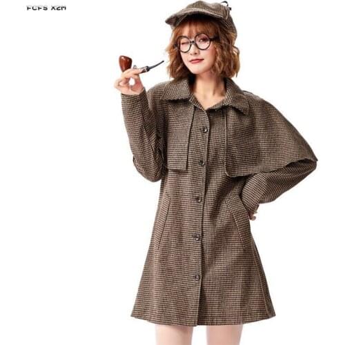 Long Sleeve Trench Women Halloween Private Detective Costumes Female Inspector Cosplay Carnival Purim Bar Role Play Party Dress