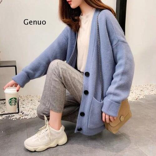 Autumn and Winter New Womens Knitted Solid Color Buttons Korean Loose Top V-Neck Fashion Temperament Sweater Cardigan