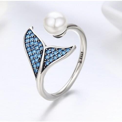 TKJ 100% S925 Sterling Silver Hot Sale Open Female Diamond Ring Fashion Mermaid Sterling Silver Hypoallergenic Foam Pearl Ring