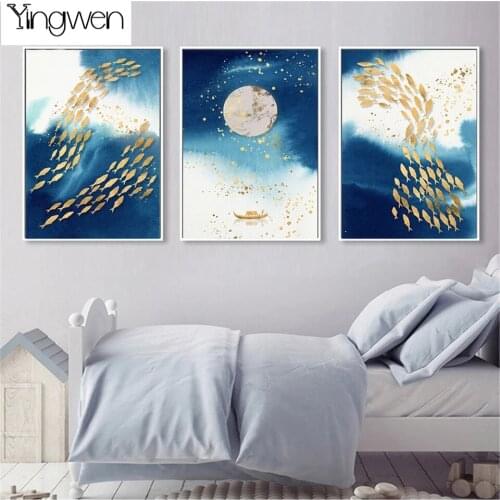DIY Diamond Painting Triptych Abstract Boat Ocean Fish Sea Moon Decor Mosaic Picture Full Diamond Embroidery Home Decor 3D Arts