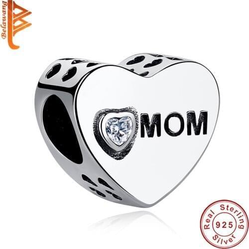 BELAWANG Authentic 100% 925 Sterling Silver Heart MOM Letter Zircon Crystal Charms fit Charm Bracelet DIY Jewelry Mother Gift