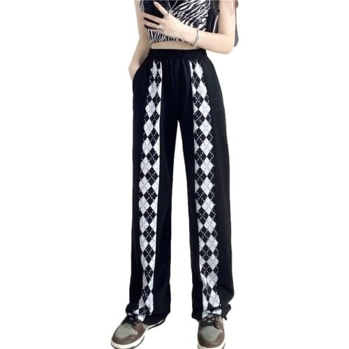 2021 new fashion womens autumn high-waist wide-leg pants diamond lattice printing drawstring elastic band slim sports trousers