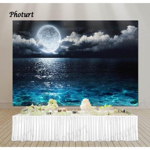 PHOTURT Moon Cloudy Dark Black Sea Surface Baby Night Scenic Photographic Backgrounds Photography Backdrops For Photo Studio