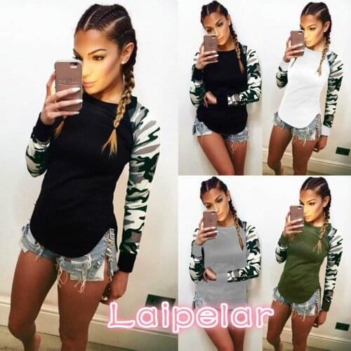 Autumn 2019 Trendy Women Patchwork Long Sleeve Army Camouflage T Shirt Tops Round Neck T Shirts Tops Tees Plus Size 5XL Laipelar