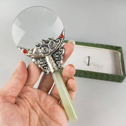 Exquisite Chinese Collectible Home Decoration Classical Craft Gift Handmade Tibetan Silver Inlaid with Jade Handle Magnifier