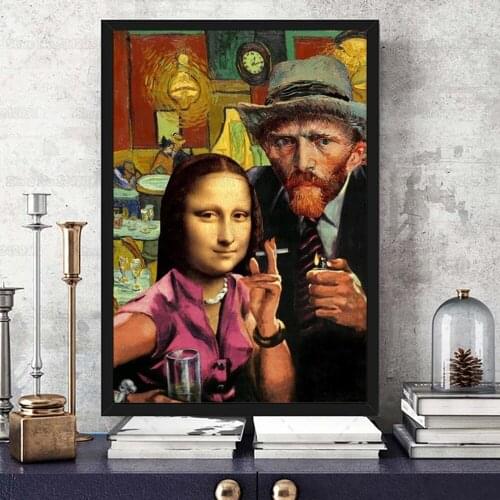 Van Gogh and Mona Lisa Smoking Canvas Painting Funny Famous Art for Home Wall Decoration