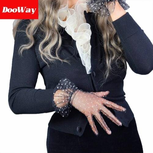 DooWay Short Lace Gloves for Women Wedding Pary Touchscreen Black with White Dot