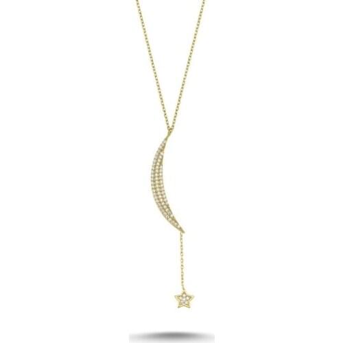 KUTAYDAN Crescent Moon & Star Zircon Stone Ghost Pendant 925 Sterling Silver