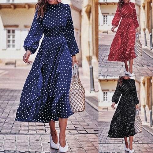 HOT SALES!!! Fashion Women Long Puff Sleeve Irregular Large Hem Polka Dots Party Midi Dress
