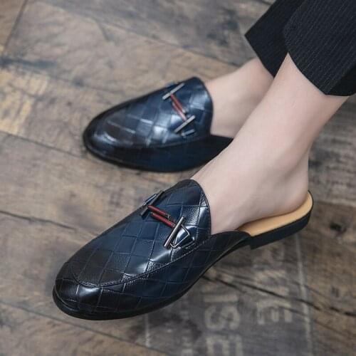 Mules Black Shoes Men Half Genuine Leather For Men Fashion Designer Shoes Luxury Zapatillas Hombre Casual Sepatu Slip On Pria