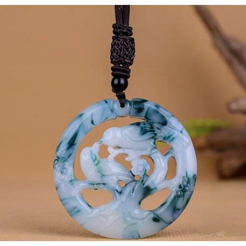 Natural Color Jade Magpie Bird Pendant Necklace Chinese Double-sided Hollow Carved Fashion Charm Jewelry Amulet Men Women Gifts