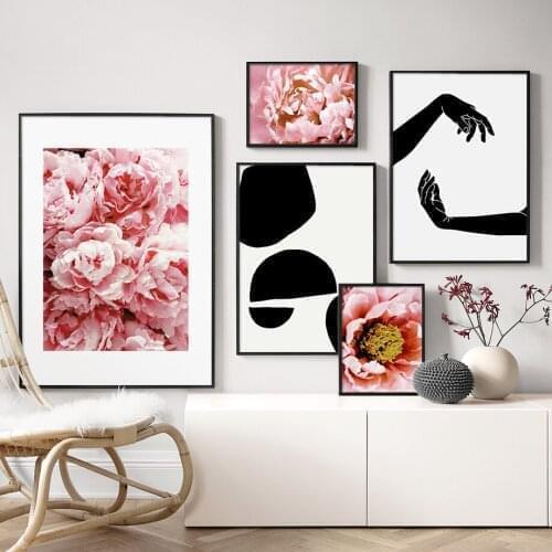 Pink Peony Flower Abstract Geometry Hand Wall Art Canvas Painting Nordic Posters And Prints Wall Pictures For Living Room Decor