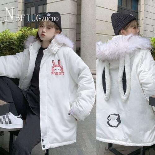 Cartoon Rabbit Printed Women Parkas White Black Color Hooded Female Jacket
