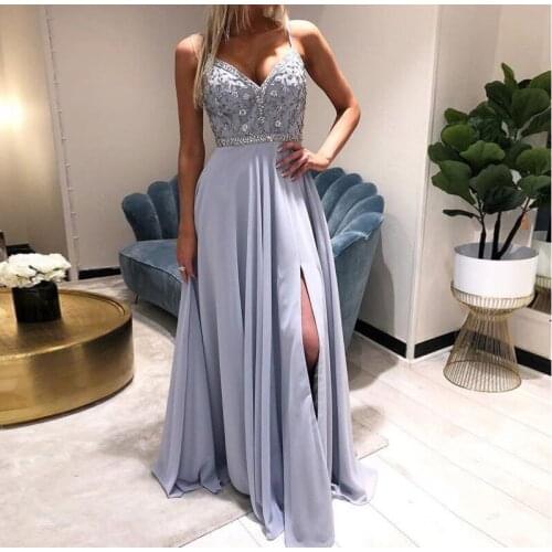 Spaghetti Straps Silver Evening Dresses V-neck Delicate Beading Long Formal Party Dresses Front Split Vestidos Vestidos De Festa