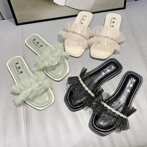Flat Slippers Women Shoes Woman Slides Ruffles Bling Beach Slippers Crystal Metal Chain 2021 New Summer Flip Flops Plus Size